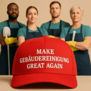 Im Vordergrund steht eine rote Baseballkappe mit dem weißen, plakativ gestickten Schriftzug „MAKE GEBÄUDEREINIGUNG GREAT AGAIN“ – ein selbstbewusstes Statement für mehr Wertschätzung in der Reinigungsbranche. Im Hintergrund posieren vier Reinigungskräfte – zwei Frauen und zwei Männer – in Arbeitskleidung mit gelben Handschuhen, Mopp und Reinigungswerkzeug. Ihr Blick ist stolz und ruhig, ihre Haltung geschlossen. Das Bild transportiert Haltung, Zusammenhalt und Selbstbewusstsein im Handwerk – und inszeniert die Gebäudereinigung als Beruf mit Würde, Teamspirit und Zukunft. SEO-Fokus-Keywords: Gebäudereinigung, Reinigungsteam, Facility Services, Employer Branding, Handwerk mit Zukunft, Imagekampagne Reinigung, Reinigungskräfte mit Stolz 🏷️ ALT-Text (für Barrierefreiheit & Bild-SEO) Rote Kappe mit Aufschrift „Make Gebäudereinigung Great Again“, im Vordergrund vor vier Reinigungskräften in Berufskleidung – Symbol für Teamstolz und Wertschätzung im Handwerk.