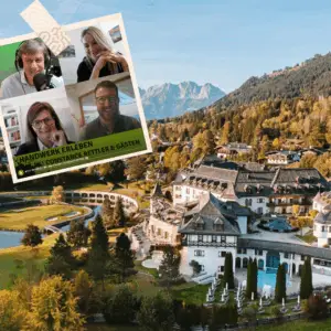 Kombiniertes Bild mit zwei Ebenen: Im Hintergrund das Schlosshotel Kitzbühel, eingebettet in herbstliche Berglandschaft mit Golfplatz und traditioneller Architektur. Im Vordergrund links oben ein eingeblendetes Polaroid-Motiv des Podcasts „Handwerk erleben“ mit Constance Rettler und weiteren Gästen im Gespräch. Oben rechts das Logo der Dr. Rettler Service GmbH (DRS).