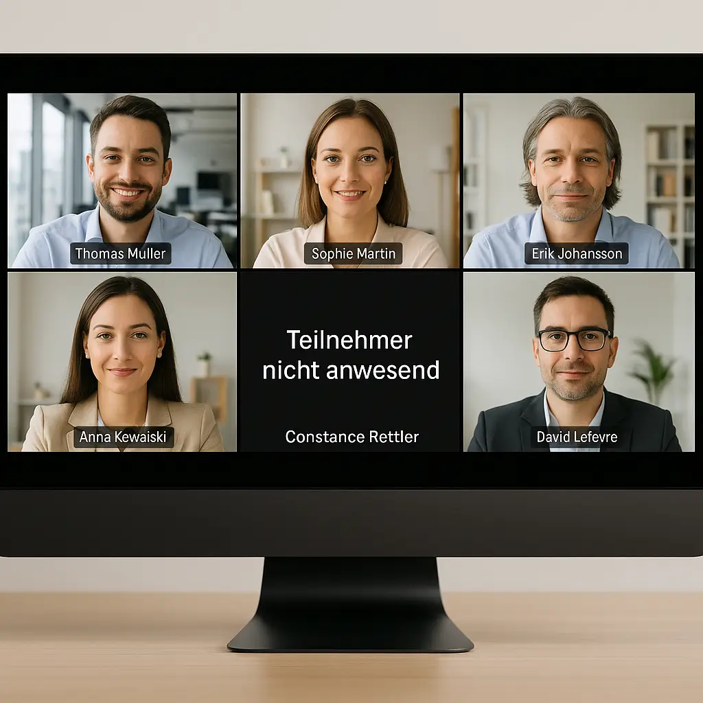 Laptopbildschirm mit sechs Videokonferenz-Teilnehmern, davon ein schwarzes Feld mit dem Hinweis „Teilnehmer nicht anwesend – Constance Rettler“. Symbolbild für bewussten Verzicht auf Dauerpräsenz im Management.