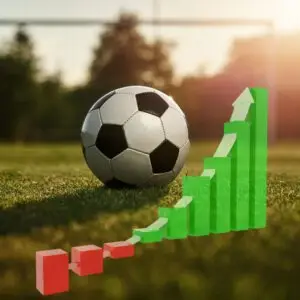 Fußball auf dem Rasen mit wachsendem grünen Balkendiagramm – Symbol für Talententwicklung, Leistungssteigerung und Team-Erfolg