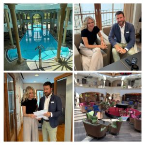 Collage mit vier Fotos aus dem Schlosshotel Kitzbühel: luxuriöser Spa-Bereich mit Pool, Constance Rettler im Gespräch mit Keven Prünster, gemeinsamer Rundgang mit Dokumentenbesprechung, Blick in die stilvolle Hotellobby mit farbenfrohen Sesseln und Piano.