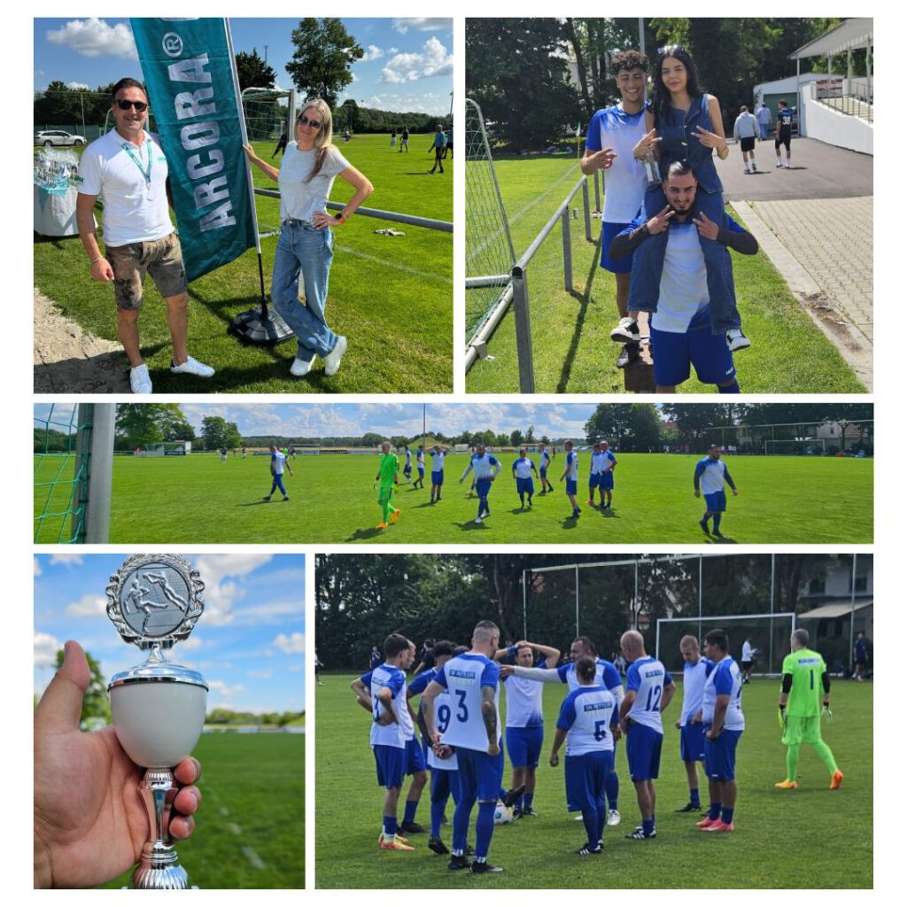 Collage vom ARCORA-Cup 2025: Constance Rettler und Kemal Karatepe vor dem Turnierbanner, DRS-Fußballteam beim Spiel und im Teamkreis, Fans am Spielfeldrand, ein Pokal in der Hand.