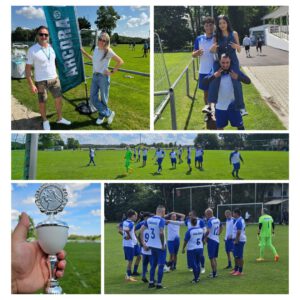 Collage vom ARCORA-Cup 2025: Constance Rettler und Kemal Karatepe vor dem Turnierbanner, DRS-Fußballteam beim Spiel und im Teamkreis, Fans am Spielfeldrand, ein Pokal in der Hand.