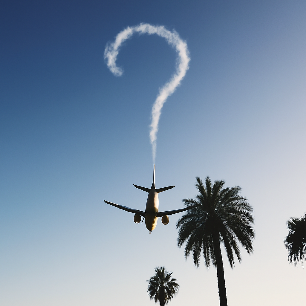 Flugzeug fliegt über Palmen in den Sonnenuntergang, hinterlässt ein Fragezeichen aus Abgasstreifen am Himmel