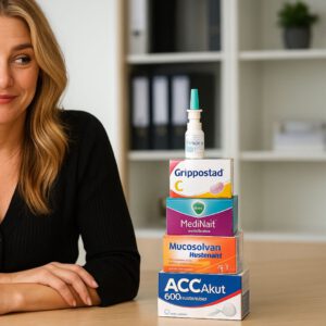 Constance Rettler sitzt an einem Schreibtisch, den Kopf in die Hand gestützt, vor ihr mehrere Packungen mit Medikamenten und Nahrungsergänzungsmitteln. Ihre Mimik verrät eine Mischung aus Erschöpfung und Durchhaltewillen – ein ehrlicher Blick hinter die Kulissen, wenn Gesundheit und Arbeitsalltag aufeinandertreffen.