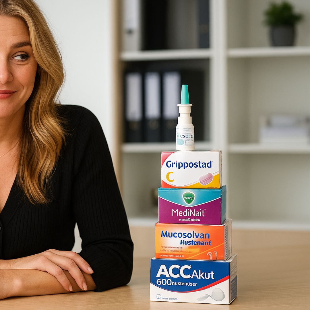 Constance Rettler sitzt an einem Schreibtisch, den Kopf in die Hand gestützt, vor ihr mehrere Packungen mit Medikamenten und Nahrungsergänzungsmitteln. Ihre Mimik verrät eine Mischung aus Erschöpfung und Durchhaltewillen – ein ehrlicher Blick hinter die Kulissen, wenn Gesundheit und Arbeitsalltag aufeinandertreffen.