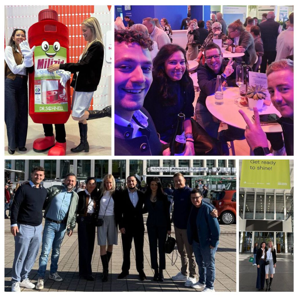 Constance Rettler mit dem DRS-Team auf der CMS Berlin 2025 – Begegnungen, Innovationen und Austausch mit Partnern aus der Reinigungsbranche, u. a. bei Dr. Schell, ARCORA und FENKA.