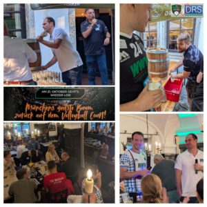Collage mit Impressionen der Saisoneröffnung der WWK Volleys Herrsching: Spieler- und Sponsorenvorstellung im Biergarten, geselliges Netzwerken bei Freibier vom Brauhaus Herrsching und sportliche Vorfreude auf den Saisonstart.