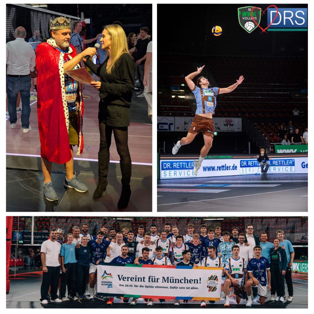 Team der WWK-Volleys Herrsching in Aktion mit DRS-Bandenwerbung in der Halle. Spieler beim Aufschlag, Teamfoto mit Maskottchen und Interviewszene nach dem Spiel.
