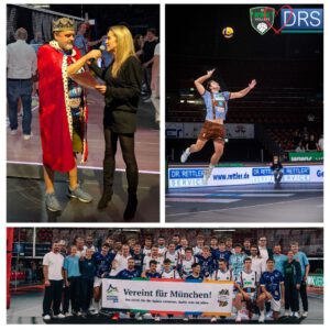 Team der WWK-Volleys Herrsching in Aktion mit DRS-Bandenwerbung in der Halle. Spieler beim Aufschlag, Teamfoto mit Maskottchen und Interviewszene nach dem Spiel.