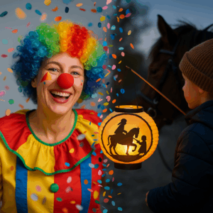 Ein stimmungsvolles Foto, das Fasching und Martinstag vereint: links eine lachende Frau in buntem Kostüm, umgeben von Konfetti, rechts ein Kind mit leuchtender Laterne mit St.-Martin-Motiv. Die Szenen verschmelzen in warmem Licht zu einem Symbol für Freude, Teilen und Gemeinschaft.