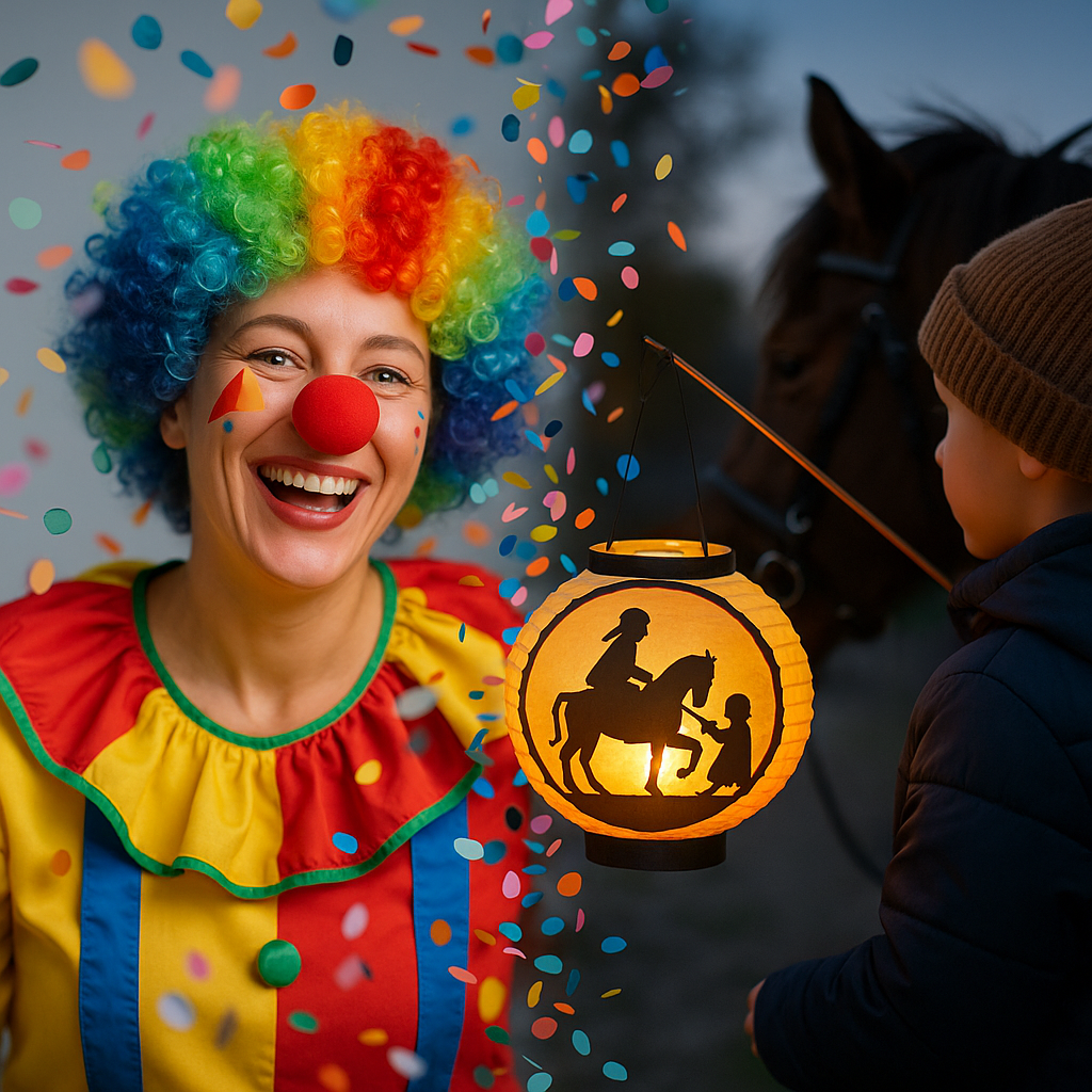 Ein stimmungsvolles Foto, das Fasching und Martinstag vereint: links eine lachende Frau in buntem Kostüm, umgeben von Konfetti, rechts ein Kind mit leuchtender Laterne mit St.-Martin-Motiv. Die Szenen verschmelzen in warmem Licht zu einem Symbol für Freude, Teilen und Gemeinschaft.