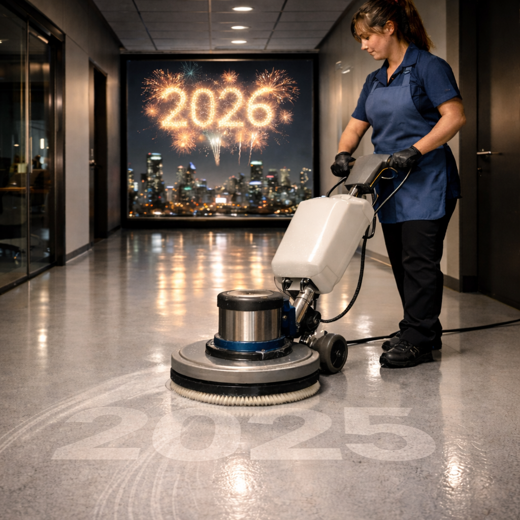 Moderne Büroflure mit Glaswänden: Eine Reinigungskraft arbeitet mit einer Poliermaschine. Auf dem trockenen Boden steht „2025“, im frisch gereinigten, glänzenden Bereich „2026“ – symbolisch für den Übergang in ein neues Jahr professioneller Gebäudereinigung.